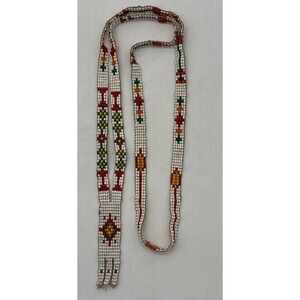 VTG Beaded Native American Southwestern Seed Bead Necklace White Green Red 18"